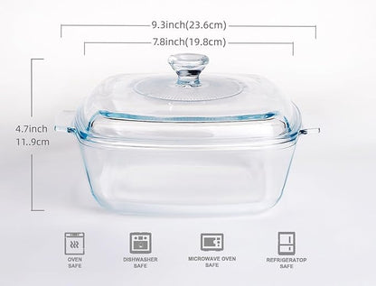 Clear Square Glass Casserole with Lid, Baking Dish with Glass Cover, Casserole for Oven, Freezer and Dishwasher Safe (1.5-Quart Square)