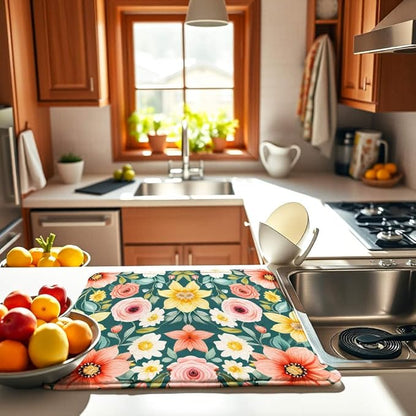 Large Blue Floral Spring Dish Drying Mat for Kitchen Counter 18x24 Microfiber Absorbent - Foldable, Non-Slip, Compact Kitchen XL Drying Mats for Dishes, Countertops, and Cookware - Image 3