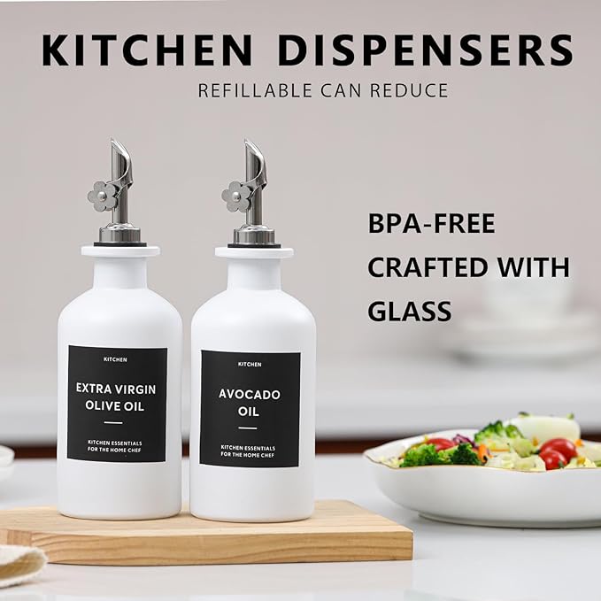 HOMCDALY Olive Oil Dispenser for Kitchen, 11.8oz Glass kitchen Dispenser Bottle, White Oil&Vinegar Cruet Set, Leakproof Oil Bottle for Cooking| Set of 2 (11.8oz – White) - Image 2