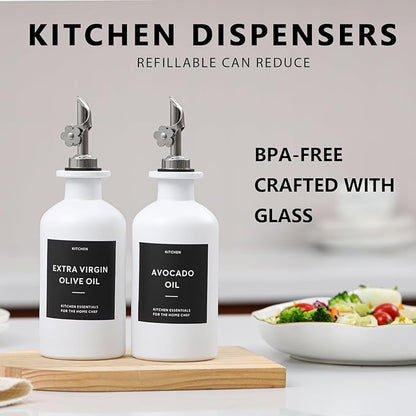 HOMCDALY Olive Oil Dispenser for Kitchen, 11.8oz Glass kitchen Dispenser Bottle, White Oil&Vinegar Cruet Set, Leakproof Oil Bottle for Cooking| Set of 2 (11.8oz – White) - Image 2