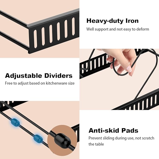 Housolution Pot and Pan Organizer Rack for Cabinet, Pot Lid Organizer with 7 Adjustable Dividers, Pan Holder Storage Rack for Kitchen Cabinet, Black - Image 3