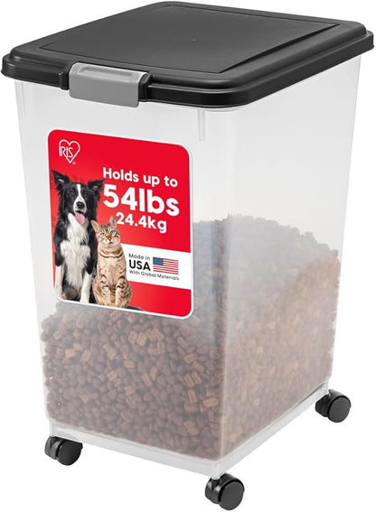 IRIS USA Airtight Dog Food Storage Container, Up to 54 lbs, Attachable Wheels, For Dog Cat Bird and Other Pet Food Storage Bin, Keep Fresh, Translucent Body, Easy Mobility, Black by IRISUSA
