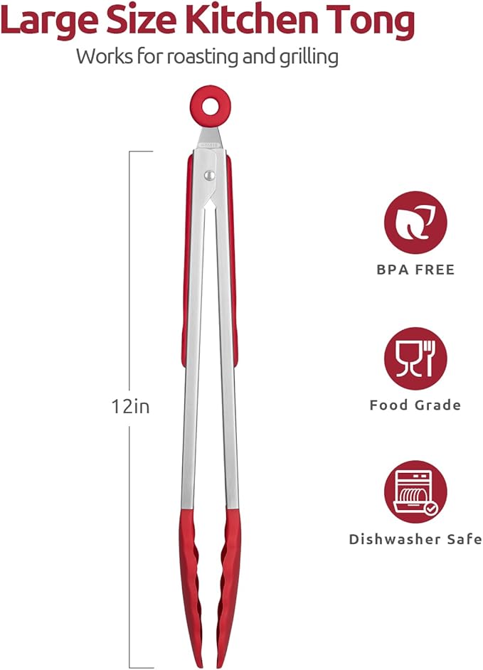 600ºF Heat Resistant Kitchen Tongs: U-Taste 12 inch Large Silicone Cooking Tong with Sturdy Non Stick Rubber Tips & Silicon Coated 18/8 Stainless Steel Handle & Smooth Locking for Serving Grill (Red) - Image 2