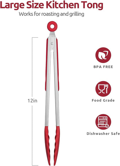 600ºF Heat Resistant Kitchen Tongs: U-Taste 12 inch Large Silicone Cooking Tong with Sturdy Non Stick Rubber Tips & Silicon Coated 18/8 Stainless Steel Handle & Smooth Locking for Serving Grill (Red) - Image 2