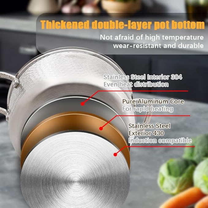 Vivicreate Tri Ply Stainless Steel Stock Pot with Lid 5 Quart Hammered Stockpot Induction Cooking Pot Soup Pot Compatible with All Stovetops (5QT) - Image 5