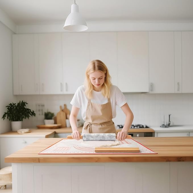 Marble Rolling Pin with Non-Stick Silicone Mat & Wood Base, 16.9-Inch Heavy Weight Dough Roller for Pizza Crust, Cookies, Pasta, Fondant, Pastry Polished Non-Stick Surface White (WH076)