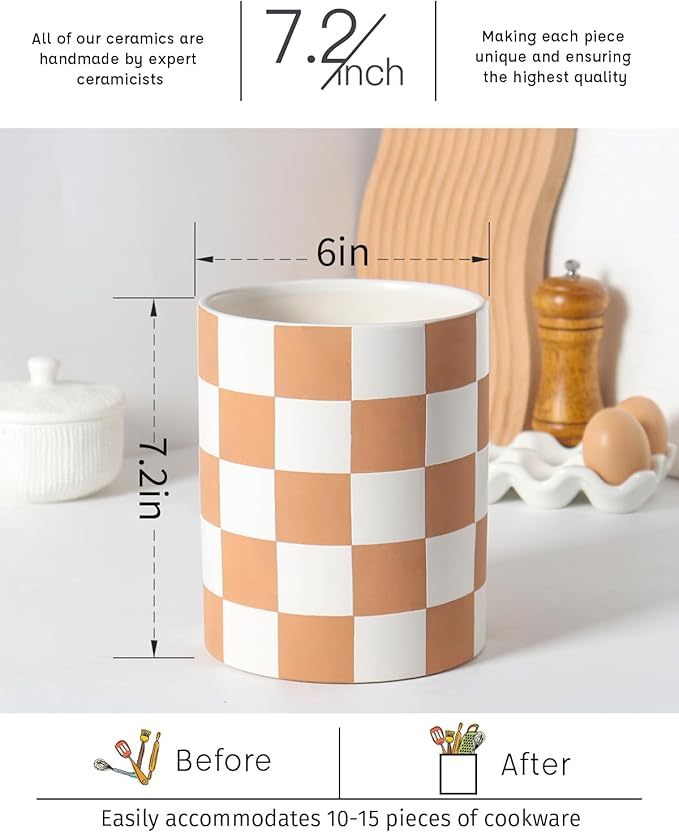 Utensil Holder，7.2 Inch Checkered Utensil Holder, Ceramic Cooking Utensil Spoon/Spatula Holder for Countertop, Kitchen Decor and Accessories for counte(Brown) - Image 6