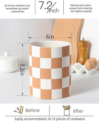 Utensil Holder，7.2 Inch Checkered Utensil Holder, Ceramic Cooking Utensil Spoon/Spatula Holder for Countertop, Kitchen Decor and Accessories for counte(Brown) - Image 6