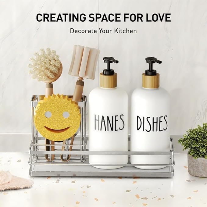 Moforoco Kitchen Dish Soap Dispenser Set, 16OZ Glass Bottle, Hand and Dish Soap Dispenser Set, Instant Dry Tray, Brush Holder with Smiley Face Sponge Holder (Silver Tray+White Bottle) - Image 3