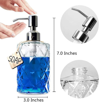 JASAI Diamond Design 12 Oz Glass Soap Dispenser, Kitchen soap Dispenser with 304 Rust Proof Stainless Steel Pump, Bathroom Soap Dispenser for Hand Soap, Soap, Lotion(Clear). - Image 2