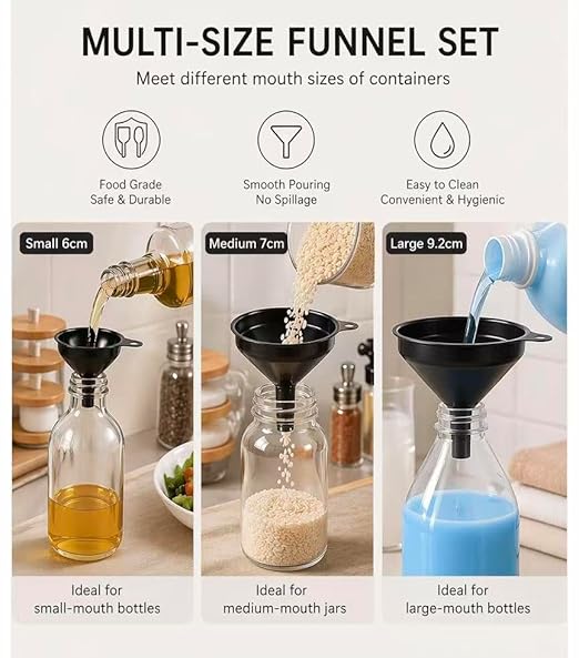 Stainless Steel Funnels Set Kitchen Funnels 3 Piece Set Small Medium Large Black Funnel for Dry Ingredients for Liquids (Black-with Brush) - Image 4