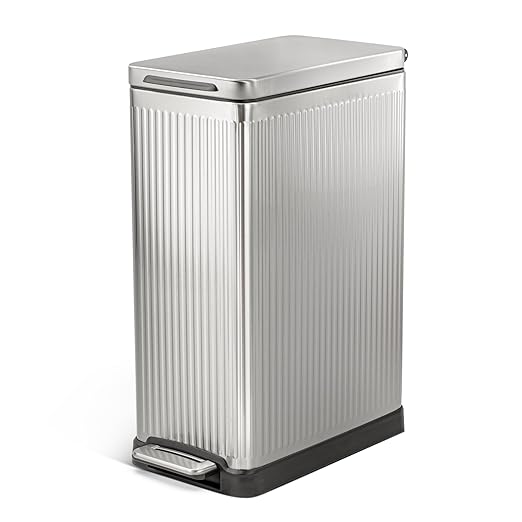 Home Zone Living 12 Gallon Slim Step Trash Can with Soft-Close Lid, Reeded Stainless Steel, Silver by HomeZoneLiving