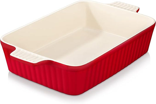 MALACASA 4.4 QT Baking Dish, 9x13 Large Casserole Dish for Oven, Ceramic Baking Pan, Rectangular Lasagna Pan Deep with Handles for Baking, Durable Microwave Oven Safe, Red, Series BAKE-BAKE by MALACASA