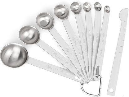 Upgrade 9 PCS Stainless Steel Measuring Spoons Set, Small Tablespoon, Teaspoons, Set 8 with Bonus Leveler for Dry and Liquid, Fits in Spice Jars, 1/32 1/16 1/8 1/4 1/2 1 tsp, 1/2 1 tbsp by Aovchei