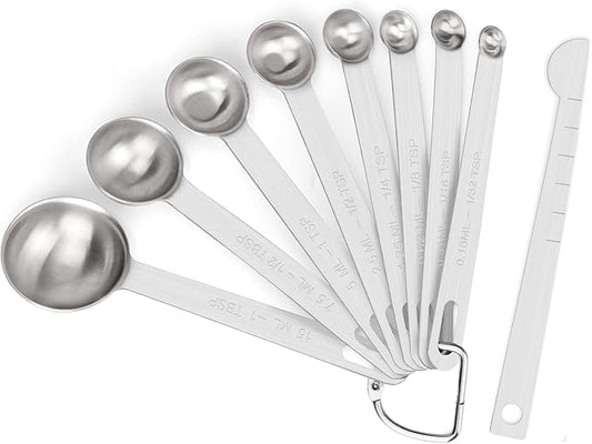 Upgrade 9 PCS Stainless Steel Measuring Spoons Set, Small Tablespoon, Teaspoons, Set 8 with Bonus Leveler for Dry and Liquid, Fits in Spice Jars, 1/32 1/16 1/8 1/4 1/2 1 tsp, 1/2 1 tbsp by Aovchei