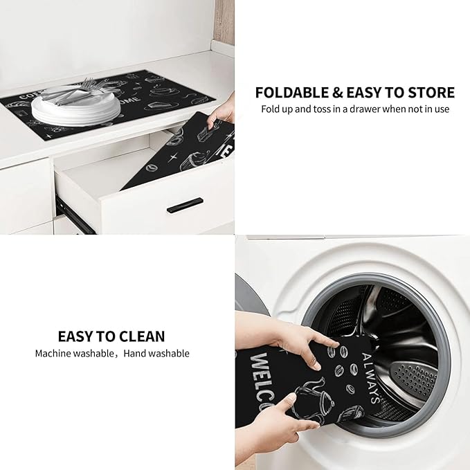Black Ink Dish Drying Mats for Kitchen Counter, Large 18"x24" Dish Mats for Drying Dishes, Microfiber Absorbent Dish Drying Pad Rack Mat Kitchen Decor Reusable Washable
