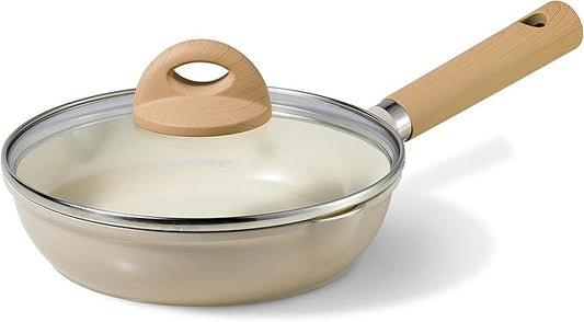 CAROTE 8" Ceramic Frying Pan with Lid, Non Stick Frying Pan Skillet Chef's Pan, Healthy & PFOA/PFAS Free, Induction-Compatible, Taupe by CAROTE