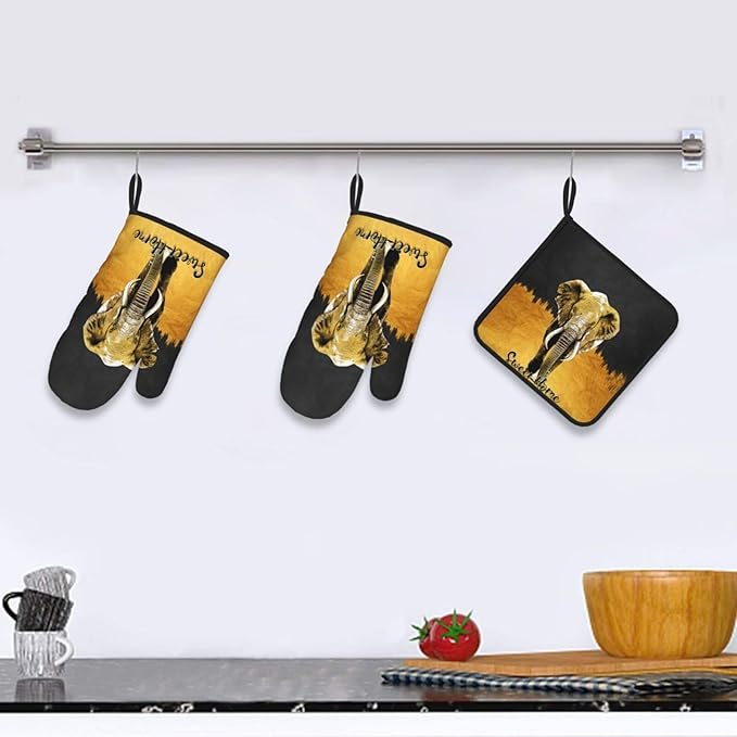 Elephant Oven Mitts and Pot Holders Sets of 3 Black Gold Hot Pads Oven Gloves Heat Resistant Non Slip Washable for Kitchen Cooking Grilling Baking - Image 6