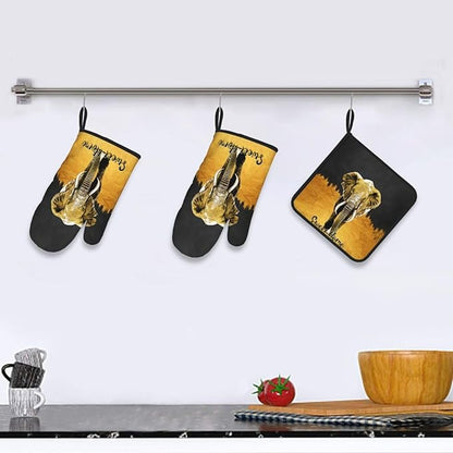 Elephant Oven Mitts and Pot Holders Sets of 3 Black Gold Hot Pads Oven Gloves Heat Resistant Non Slip Washable for Kitchen Cooking Grilling Baking - Image 6