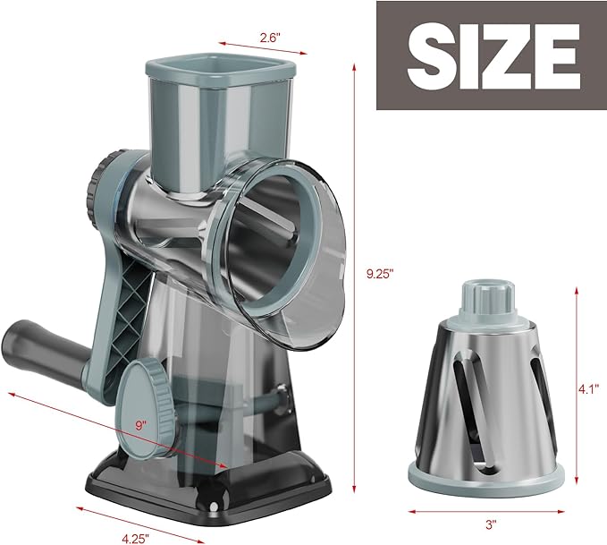 Cheese Grater Cheese Shredder with 3 Interchangeable Blades, Rotary Cheese Grater Manual Vegetable Slicer with Non-slip Suction Base Peanut Nuts Grinder Vegetable Shredder Clear - Image 9