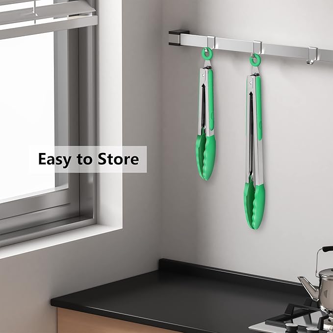 2 Pack Silicone Kitchen Tongs – 9" & 12" Set, Heat Resistant up to 500°F, Non‑Stick Cookware Safe, Wavy Silicone Tips, BPA Free, Locking Clip & Hanging Loop, Dark Green - Image 6