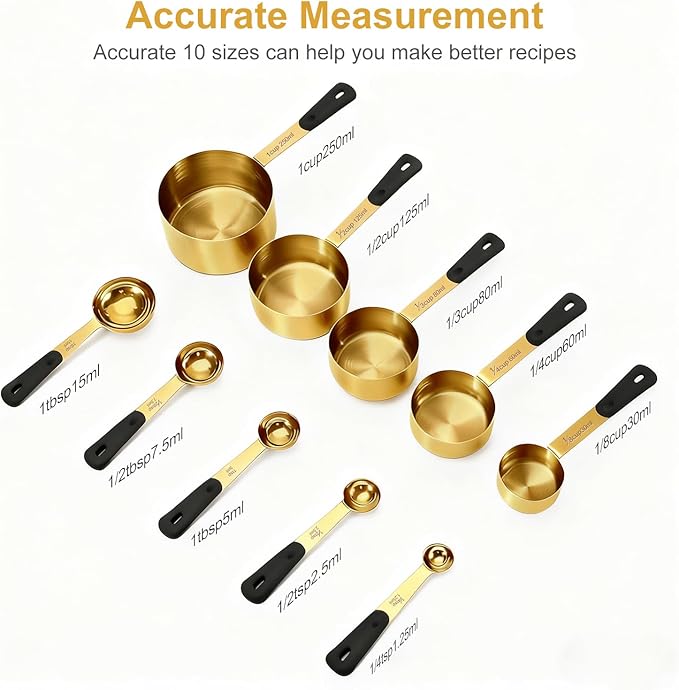 Bopei Measuring Cups and Spoons Set, Gold Electroplated Stainless Steel 10 Piece for Cooking and Baking (5 Cups + 5 Spoons Gold) - Image 2