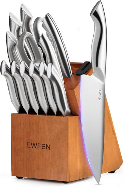 Knife Set, EWFEN 14-Piece Kitchen Knife Set with Block, German Stainless Steel Knives with Built-in Knife Sharpener, Anti-Slip Sharp Knives Set for Kitchen, Dishwasher Safe, Curved Handle by EWFEN
