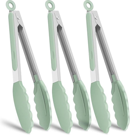 Hotec Silicone Kitchen Tongs for Cooking 9-Inch Serving Tongs with Silicone Tips, Set of 3 (Light Green) by Hotec