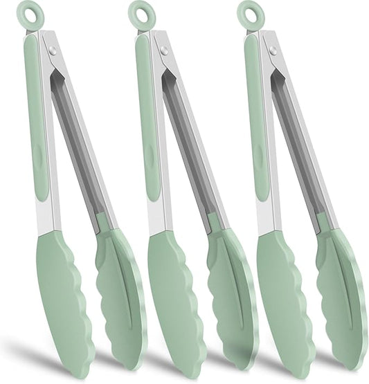 Hotec Silicone Kitchen Tongs for Cooking 9-Inch Serving Tongs with Silicone Tips, Set of 3 (Light Green) by Hotec