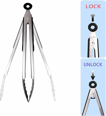 3 PCS Kitchen Tongs Set, Stainless Steel with Silicone Grips, 12, 9 & 7 Inch, Lockable Heat Resistant for Grill Camping Cooking BBQ