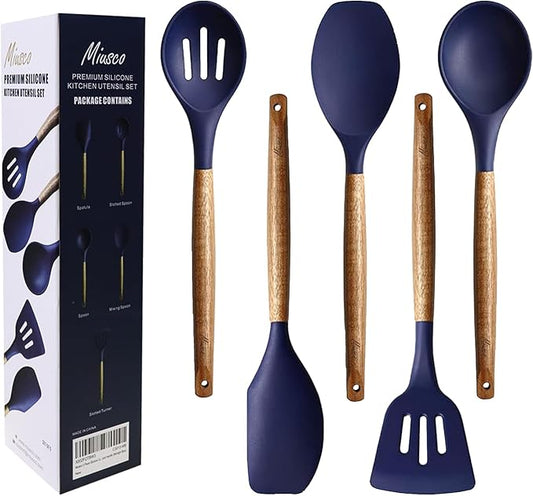 Non-Stick Silicone Kitchen Utensils Set with Natural Acacia Hard Wood Handle, 5 Piece, Midnight Blue, BPA Free, Baking & Serving Silicone Cooking Utensils by Miusco