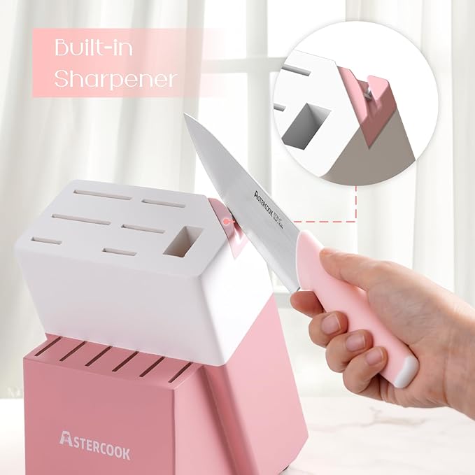 Astercook Knife Set, Kitchen Knives Set with Block and Sharpener 15 Pcs German Stainless Steel Knives Sharp Blade Dishwasher Safe Deba Knives with Ergonomic Handle, Crystal Pink Mothers Day Gifts - Image 7