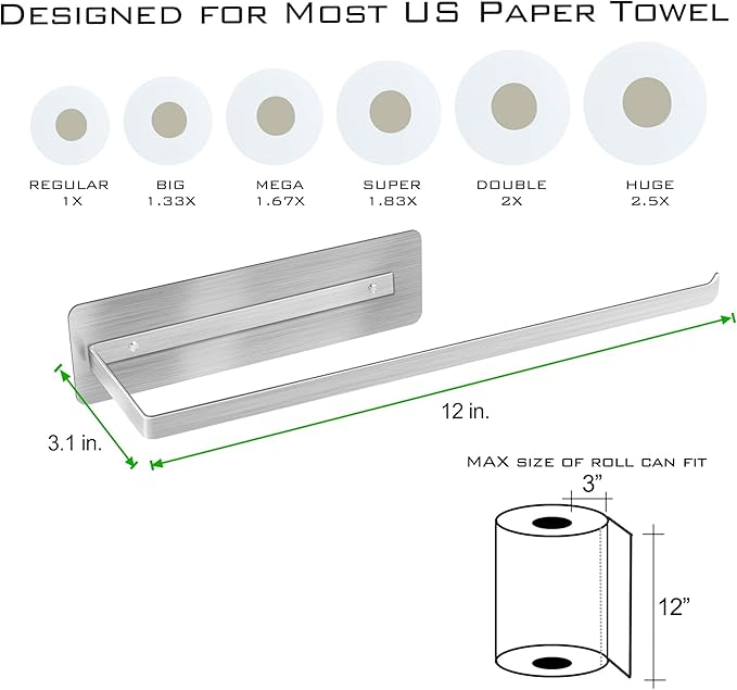 Magnetic Paper Towel Holder,Stainless Steel Paper Towel Holder 12”(L) x 3”(H) for Refrigerator Grills Griddles RVs Tailgates,Fit Most US Paper Roll