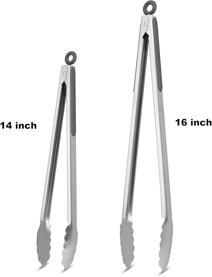 304 Stainless Steel Kitchen Cooking Tongs, 14" and 16" Set of 2 Sturdy Grilling Barbeque Brushed Locking Food Tongs with Ergonomic Grip, Grey - Image 4