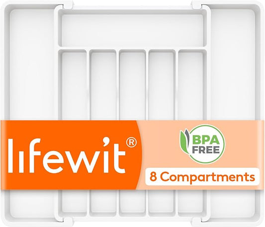 Lifewit Silverware Drawer Organizer, Expandable Utensil Tray for Kitchen, BPA Free Flatware and Cutlery Holder, Adjustable Plastic Storage for Spoons Forks Knives, 10.9"-17.5" x 13.7", White by Lifewit