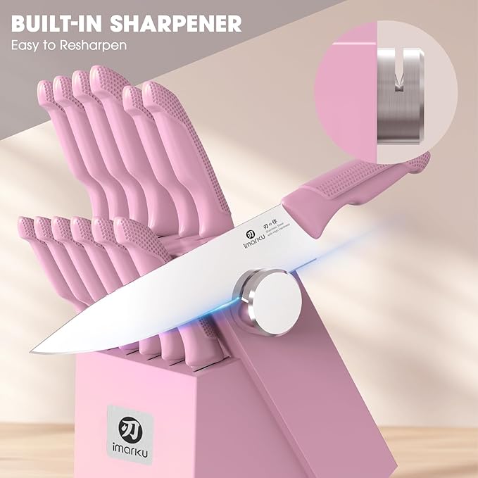 imarku Knife Set with Block, Sharp Knife Set with Built-in Sharpener, Japanese Stainless Steel Kitchen Knife Set with Non-Slip Ergonomic Handle, Dishwasher Safe, Valentine's Day Gifts, 14 PCS, Pink - Image 6