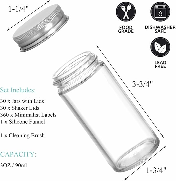 Tebery 30 Pack Round Spice Bottles Jars with Silver Lids, 3oz Empty Glass Spice Containers Shakers Complete Organizer Set Includes Shaker Lids, Wide Funnel, Labels and Cleaning Brush - Image 2
