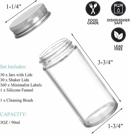 Tebery 30 Pack Round Spice Bottles Jars with Silver Lids, 3oz Empty Glass Spice Containers Shakers Complete Organizer Set Includes Shaker Lids, Wide Funnel, Labels and Cleaning Brush - Image 2