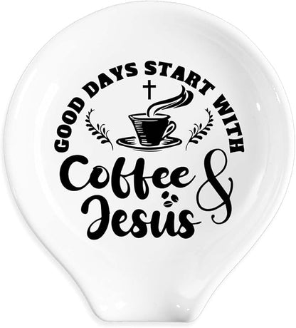Funny Coffee Spoon Holder-Coffee Spoon Rest-Cafe Bar Station Accessories-Good Days Start With Coffee And Jesus Sign