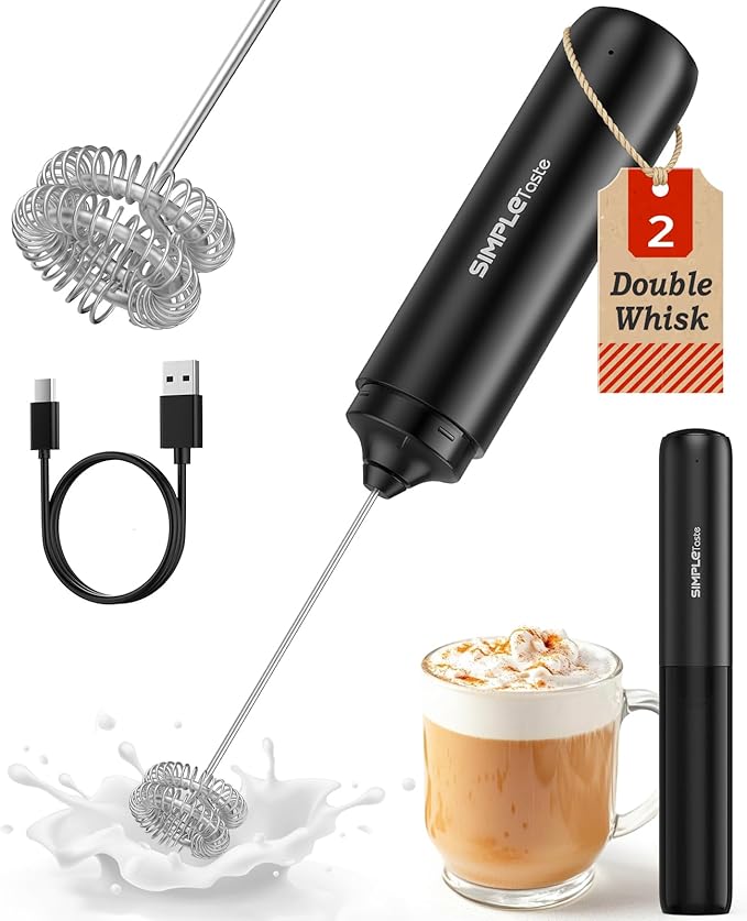SIMPLETASTE Milk Frother Handheld Electric Foam Maker, Drink Mixer with Stainless Steel Whisk for Cappuccino, Bulletproof Coffee, Latte, Black, without Stand, USB-C Rechargeable by SIMPLETaste