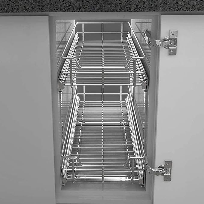 2 Tier Pull Out Cabinet Organizer 14" W X 22" D, Slide Out Drawers For Kitchen Cabinets, Pull Out Drawers For Cabinets Capacity Heavy Duty Caddy, Cabinet Pullout Shelves Chrome-Plated,Bathroom Pantry - Image 8