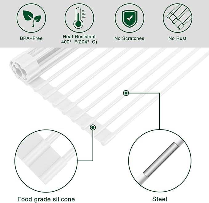 HANZENMA Roll Up Dish Drying Rack Over The Sink Kitchen Roll Up Sink Drying Rack Multipurpose Foldable Sink Drying Mat, Heat-Resistant, Anti-Slip & Anti-Rust Dish Rack for Kitchen, 20.5" x 13", White - Image 5