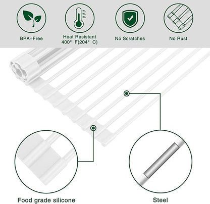 Hanzenma Roll Up Dish Drying Rack - Over The Sink, Multipurpose Foldable Sink Drying Mat, Heat-Resistant, Anti-Slip & Anti-Rust, 17" x 13", White - Image 5