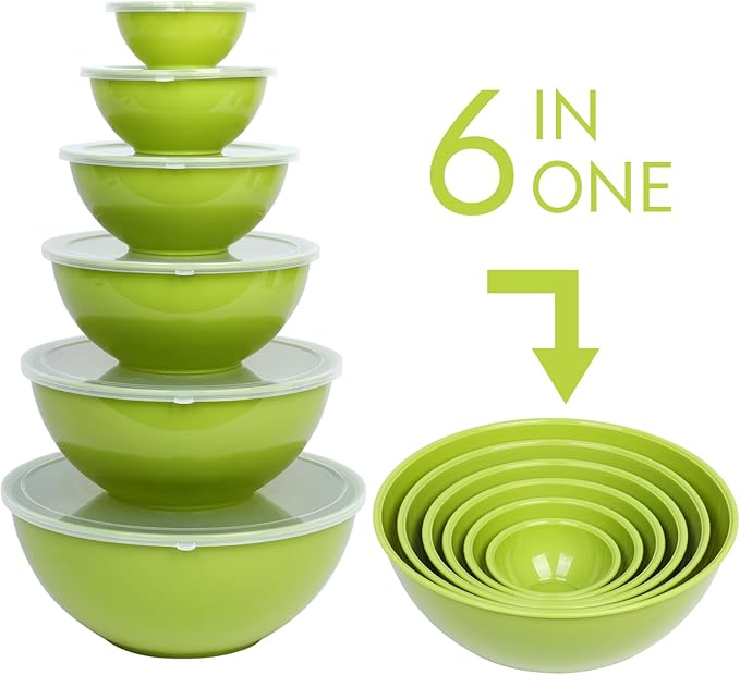 BoxedHome BPA Free Plastic Round Mixing Bowl with Lids, 12 Pack Nesting Bowls with Lids Set, Microwave and Dishwasher Safe Prep & Serving Bowls Great for Mixing, Baking, Serving (Light Green, 12pcs) - Image 2
