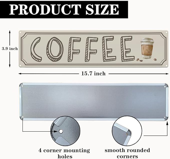 Vintage Coffee Sign Decor, Retro Metal Tin Sign, Home Kitchen Wall Decor, Farmhouse Decorations for Cafe, Coffee Station Decors Decorative Metal Wall Signs 15.8x4 Inches - Image 2