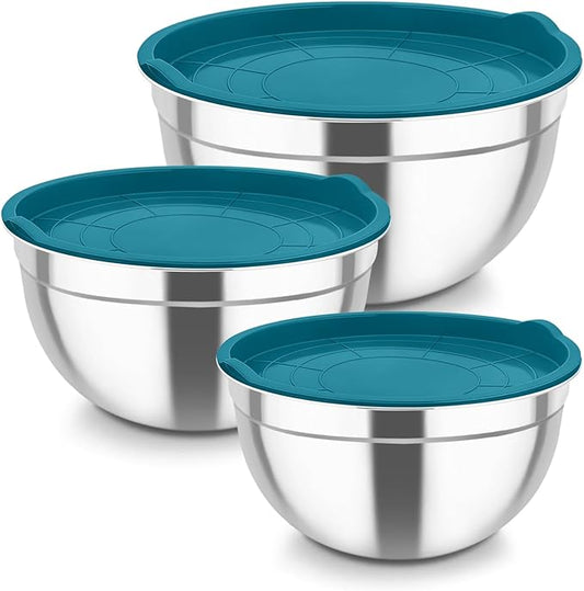 TeamFar Mixing Bowls, Stainless Steel Nesting Salad Bowls with Airtight Lids Set, For Serving/Mixing/Storing, Healthy & Heavy-duty, Dishwasher Safe & Easy Clean, 4.6/3 / 1.5 QT, Navy Blue by TeamFar