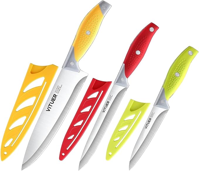 VITUER Chef Knife, 3PCS Kitchen Knife, Multicolor Stainless Steel Sharp Chef Knife Set (3Pack, Yellow, Red, Green) by VITUER
