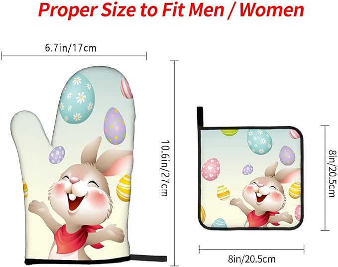 LOKMU Oven Mitts and Pot Holders Set of 3, Smiley Bunny with Easter Eggs Heat Resistant Kitchen Gloves Hot Pads for Cooking Baking BBQ, Kitchen Decor Gifts for Cooking Lover Cooks
