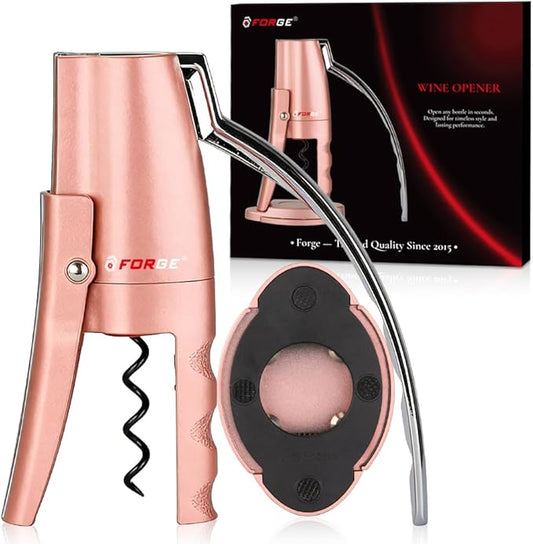 Forge Quality Compact Vertical Lever Corkscrew Wine Opener with Foil Cutter. 3 Seconds to Open a Bottle of Wine. Pink.