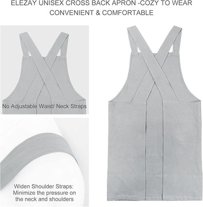 ELEZAY Aprons for Women with Pockets Plus Size Comfort Cross Back No Tie Cotton Linen Apron Pinafore